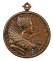 Bronze medal of Anne of Austria, Queen of France wearing a fan-shaped ruff with lace-work edge