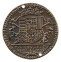 Bronze medal of the Lorraine coat of arms, with ducal crown, and four genies as supporters; lau…
