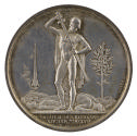Silver medal of a nude man in contrapposto wearing a cape and helmet sheathing a long sword wit…
