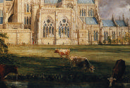 Close up of cows in oil painting of cathedral