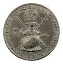 Silver medal depicting a shield, armor, helmet, axe, lance and sword