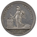 Silver medal depicting Minerva standing to the right of an altar holding a cornucopia in her le…