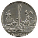 Lead medal depicting the headless corpse of Louis XVI, blood from his neck gushing into a bucke…