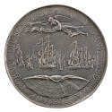 Silver medal depicting a fleet under sail. Above, Fame flying with a trumpet and scroll