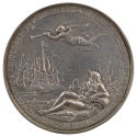 Silver medal of ships, including a warship firing its cannons, on a river before Amsterdam, wat…
