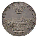 Silver medal depicting two frigates at sea surrounded by 22 small boats
