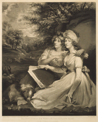 Black and white mezzotint of two sisters in eighteenth-century dress seated in a wooded landsca…