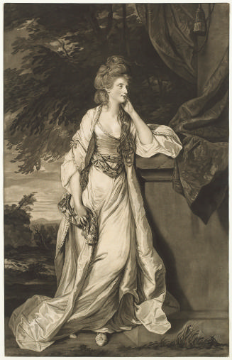 Black and white mezzotint of a woman in a long, eighteenth-century dress with a scarf or shawl …
