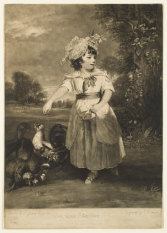 Black and white ink portrait of young girl in dress feeding chickens