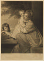 Black and white ink portrait of seated woman with two children
