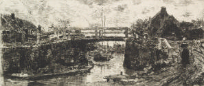 Black and white etching of a bridge over a small creek with houses on either side. A woman is w…