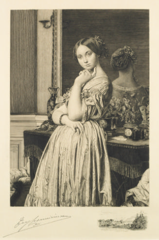 Black and white ink portrait of woman in dress standing with finger on chin