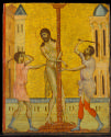 tempera painting of the flagellation of Christ against a gold background
