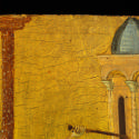 close-up of a tempera painting of the flagellation of Christ against a gold background