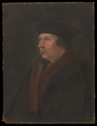 Gouache drawing of Thomas Cromwell wearing a hat and fur coat in three-quarter view facing to t…