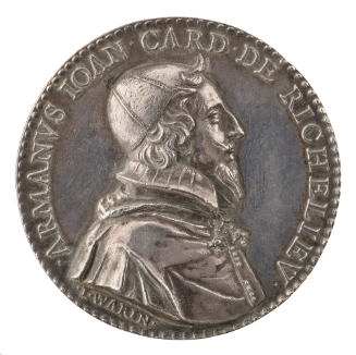 Silver portrait medal of Cardinal Richelieu wearing a skull cap  and cardinal’s robes