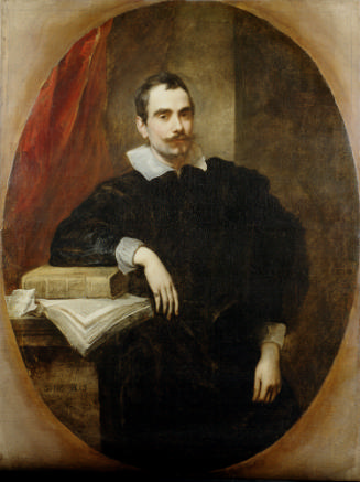 Oil painting of a man wearing black leaning on a book