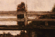 Close up of the figure standing on the bridge in the oil painting