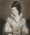 Dark brown mezzotint of a portrait of a woman looking to the left wearing a high-collared V-nec…