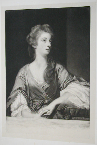 Black and white ink portrait of woman with arm on pillow, against dark background