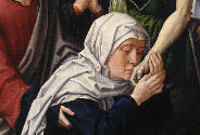 Close up of the woman holding the hand of Christ in the oil painting