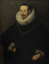 Oil painting of a man wearing a black outfit with a white collar