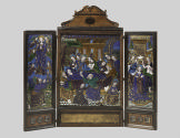 Front view of the enameled polychrome triptych standing upright with the central panel crowned …