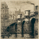 Black and white etching of the Pont-Neuf Bridge in Paris set against a background of houses and…