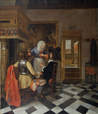 Oil painting of three figures gathered around a fireplace