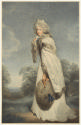 Color print of a woman in a long white late eighteenth-century style dress and a cape trimmed i…