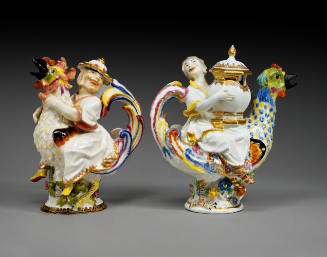 mustard pot and cruet in the shape of hens mounted by asian-style figures