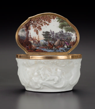 opened snuffbox with painted landscape on inside of lid