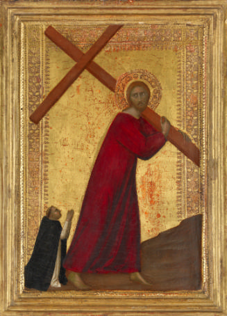 tempera painting of Christ carrying the cross followed by a Dominican friar against a gold back…