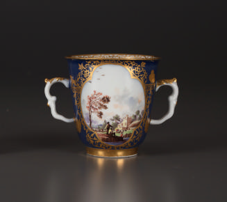 Two-handled beaker with painted landscape and gilt decoration
