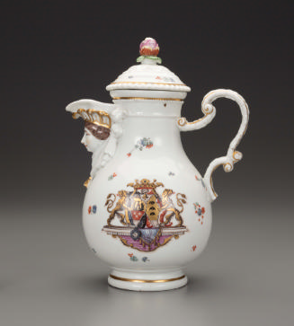 Small pot with painted coat of arms and relief of a female head at the spout with gilt decorati…