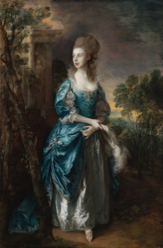 Oil painting of woman wearing blue dress and standing in landscape