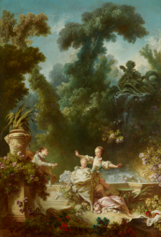 oil painting of a three women in a landscape, one of which has both arms outstretched and is be…