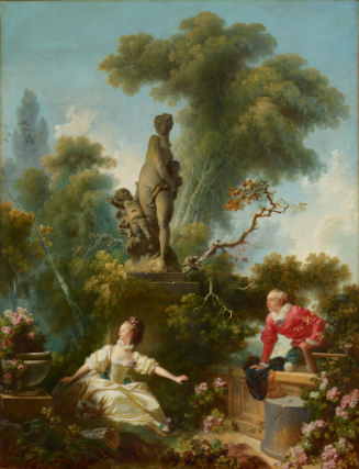 oil painting of a seated woman in a white dress and a man in a red jacket in front of a statue …