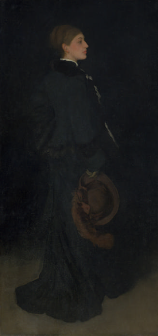 Oil painting of standing woman wearing black