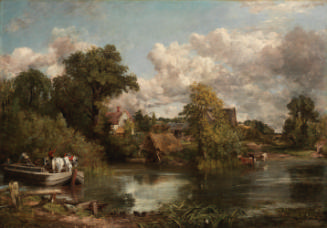 Oil painting of landscape with boat on river