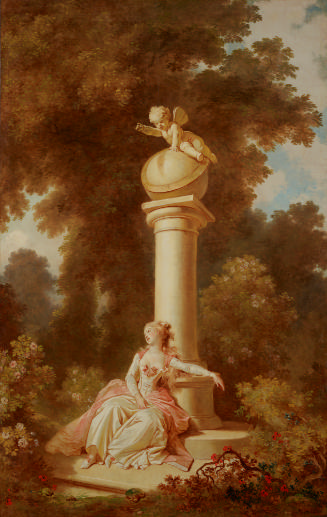 oil painting of a seated woman in a pink and white dress leaning against a column in a landscap…