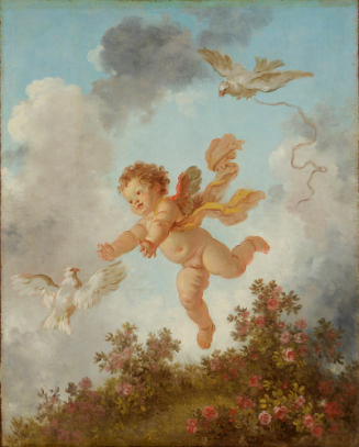 oil painting of a child with wings in the sky with arms outstretched towards a white dove