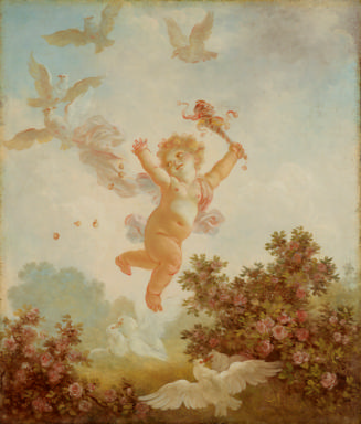 oil painting of a child with wings in the sky with arms outstretched and surrounded by white do…