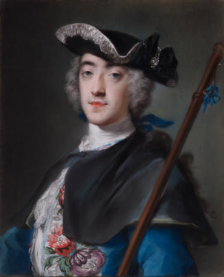 Pastel half length portrait of a man wearing a black hat on his head and holding a staff in his…