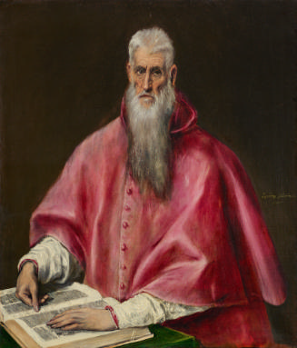 oil painting of St. Jerome dressed as a cardinal and resting his hands on the Bible