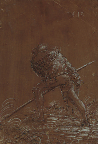 Pen and ink drawing on brown paper of a lunging soldier holding a spear, turned away from the v…