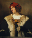 oil painting of a man wearing a red cap and a black fur-trimmed cloak