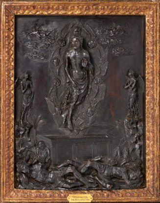 A bronze relief depicting Christ rising out of a casket flanked by angels on either side, with …