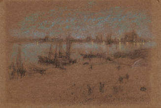 Light blue and black pastel drawing on brown paper of an evening scene of boats moored against …