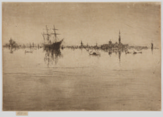 Black and white etching of a large double-masted ship surrounded by small gondolas with a city …